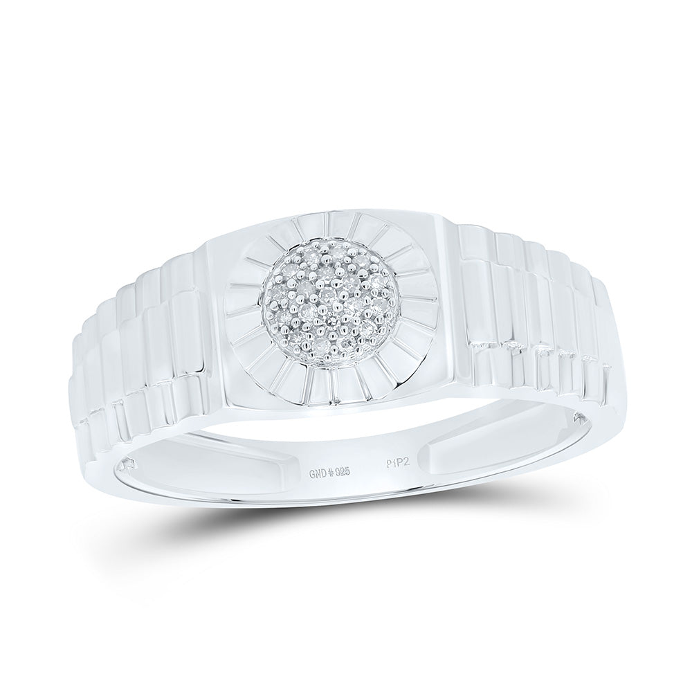 Sterling Silver Mens Round Diamond Cluster Ribbed Ring 1/20 Cttw