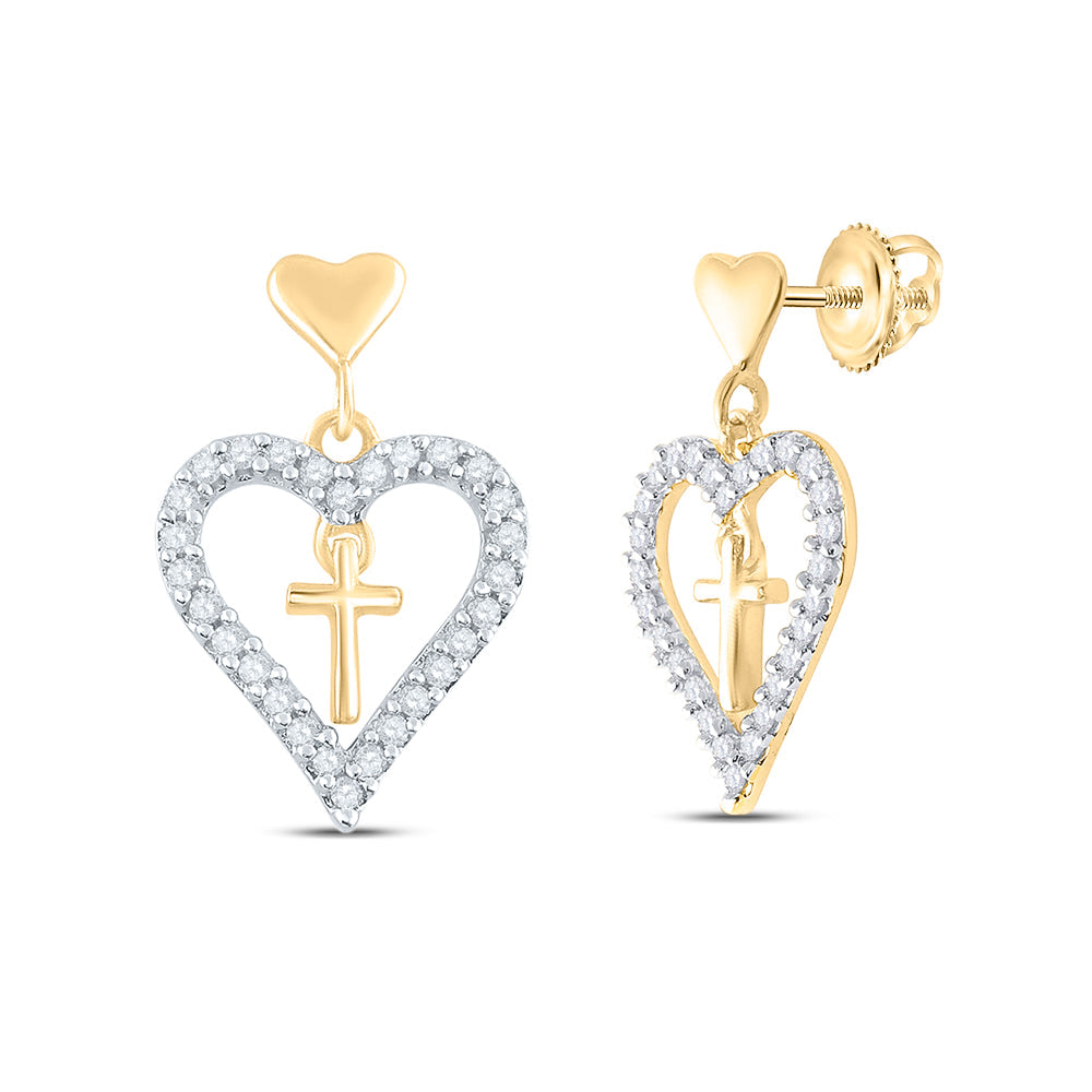 14kt Yellow Gold Womens Round Diamond Heart Cross Dangle Earrings 1/3 Cttw