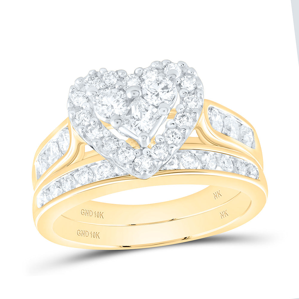 10kt Yellow Gold Princess Diamond Heart Bridal Wedding Ring Band Set 1 Cttw