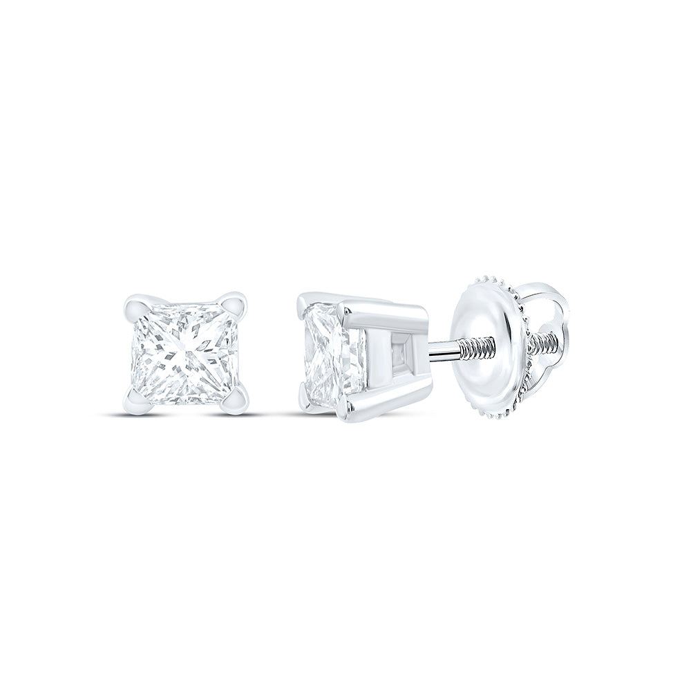 14kt White Gold Unisex Princess Diamond Solitaire Stud Earrings 1/4 Cttw
