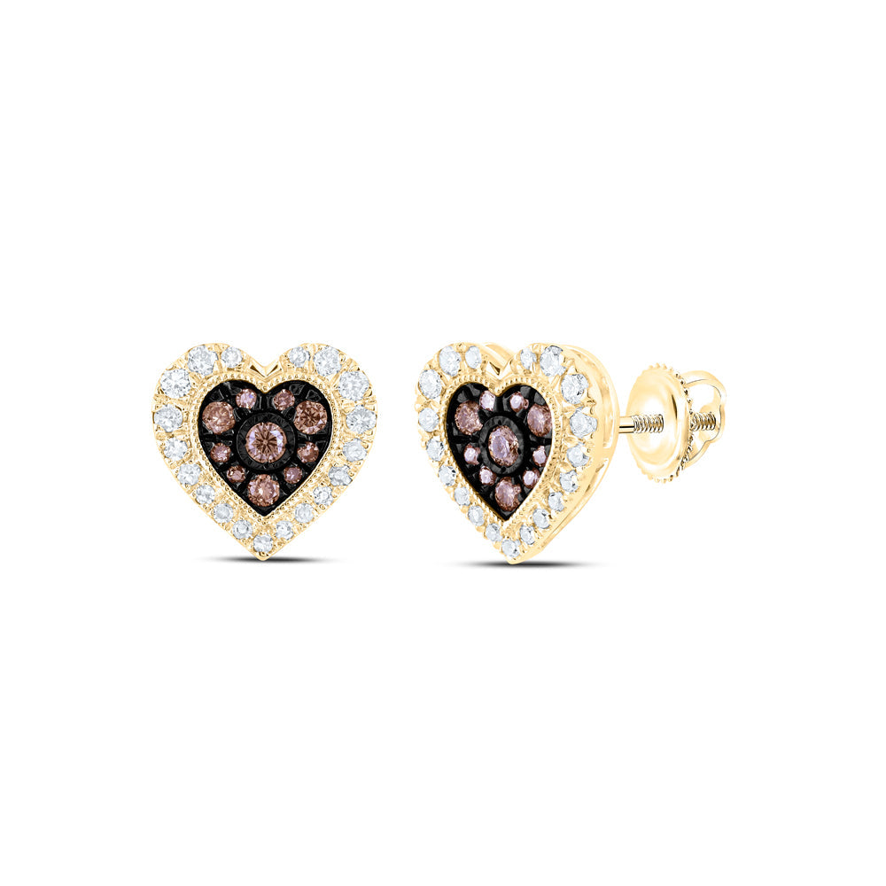 10kt Yellow Gold Womens Round Brown Diamond Heart Earrings 1/2 Cttw