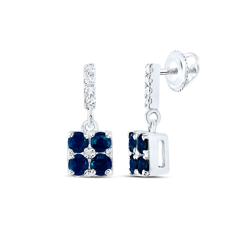 14kt White Gold Womens Round Blue Sapphire Diamond Square Dangle Earrings 1/3 Cttw