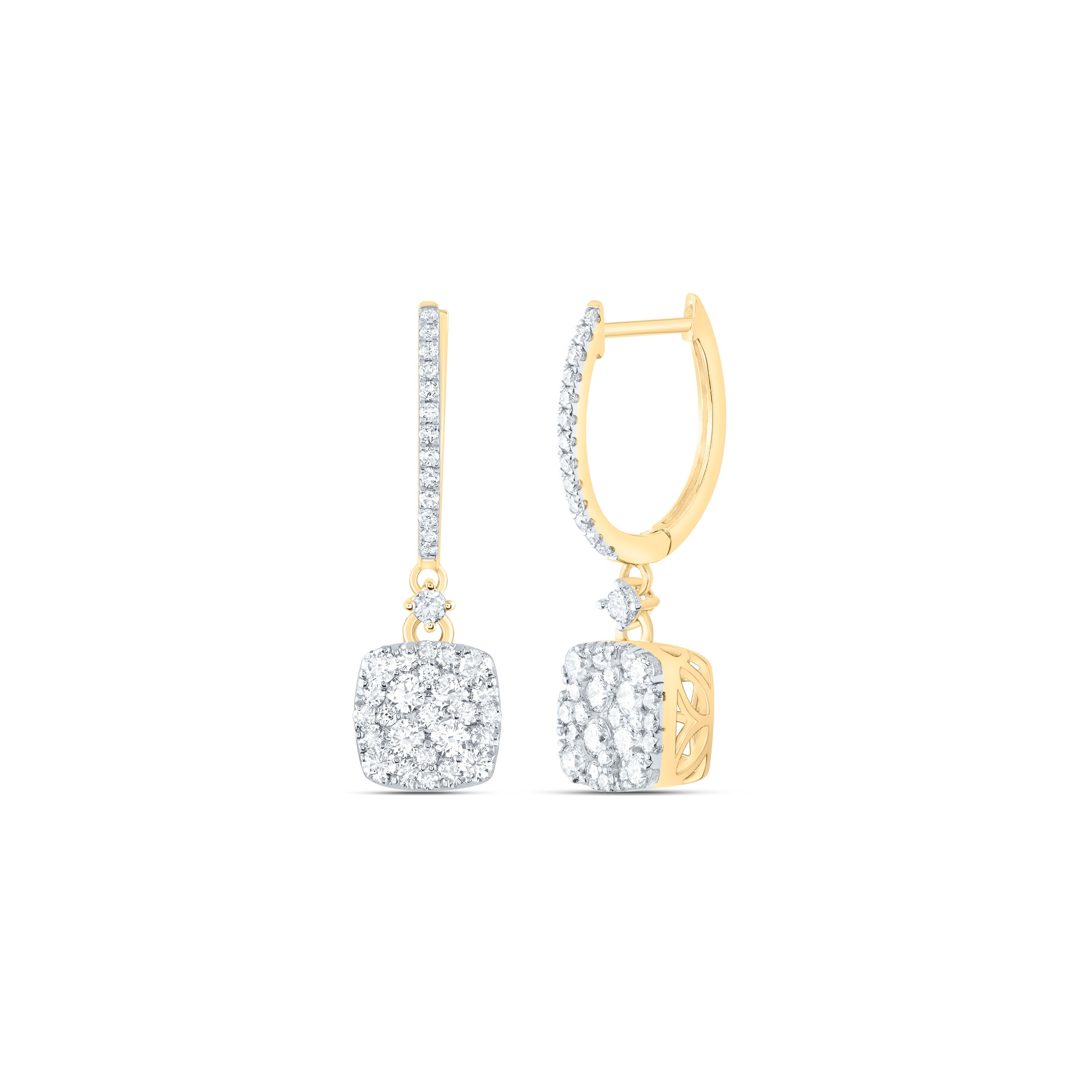14kt Yellow Gold Womens Round Diamond Square Dangle Earrings 1 Cttw