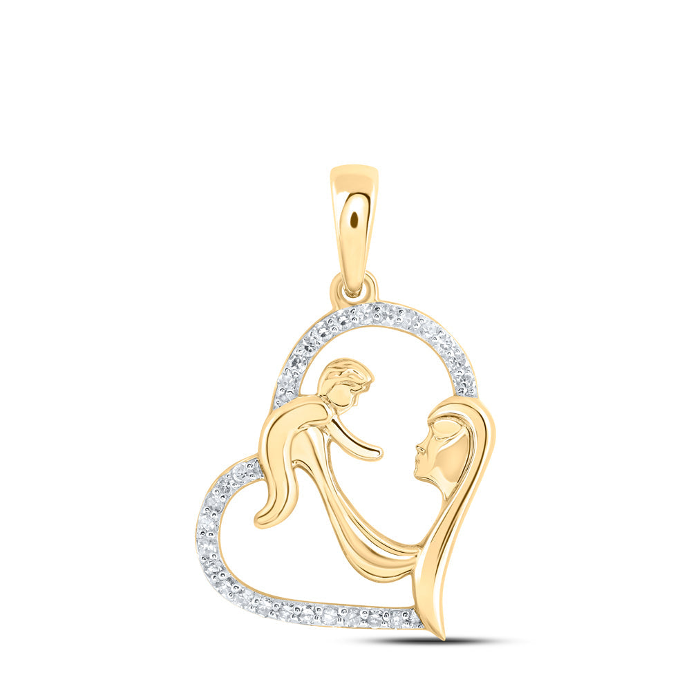 10kt Yellow Gold Womens Round Diamond Mom Child Heart Pendant 1/8 Cttw