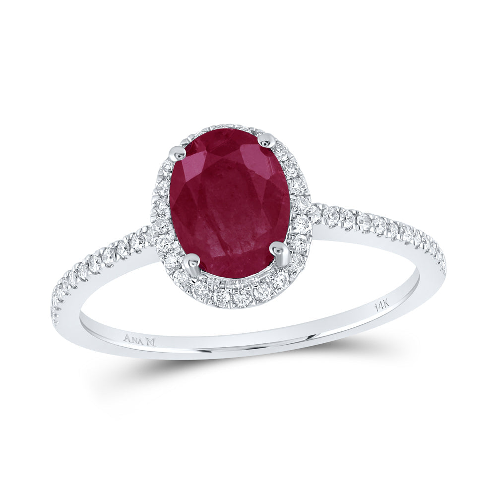 14kt White Gold Womens Oval Ruby Solitaire Diamond Halo Ring 2 Cttw