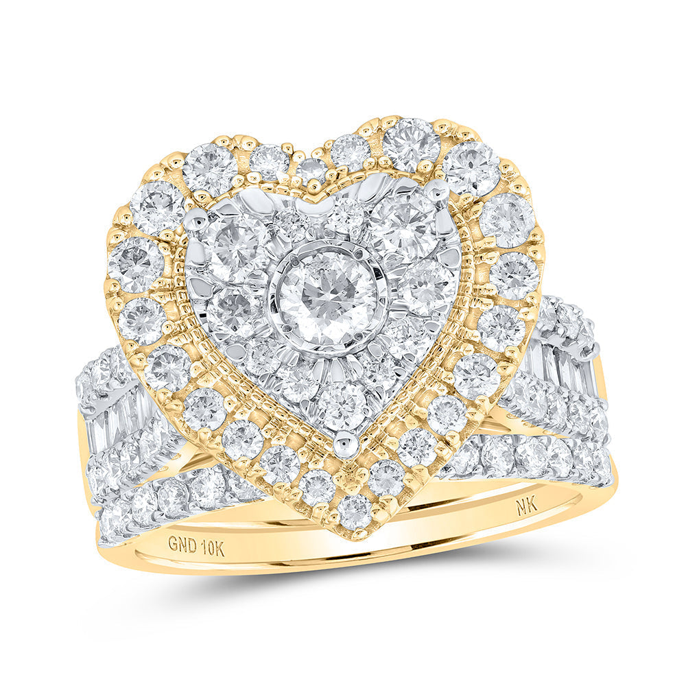 10kt Yellow Gold Round Diamond Heart Bridal Wedding Ring Band Set 2 Cttw