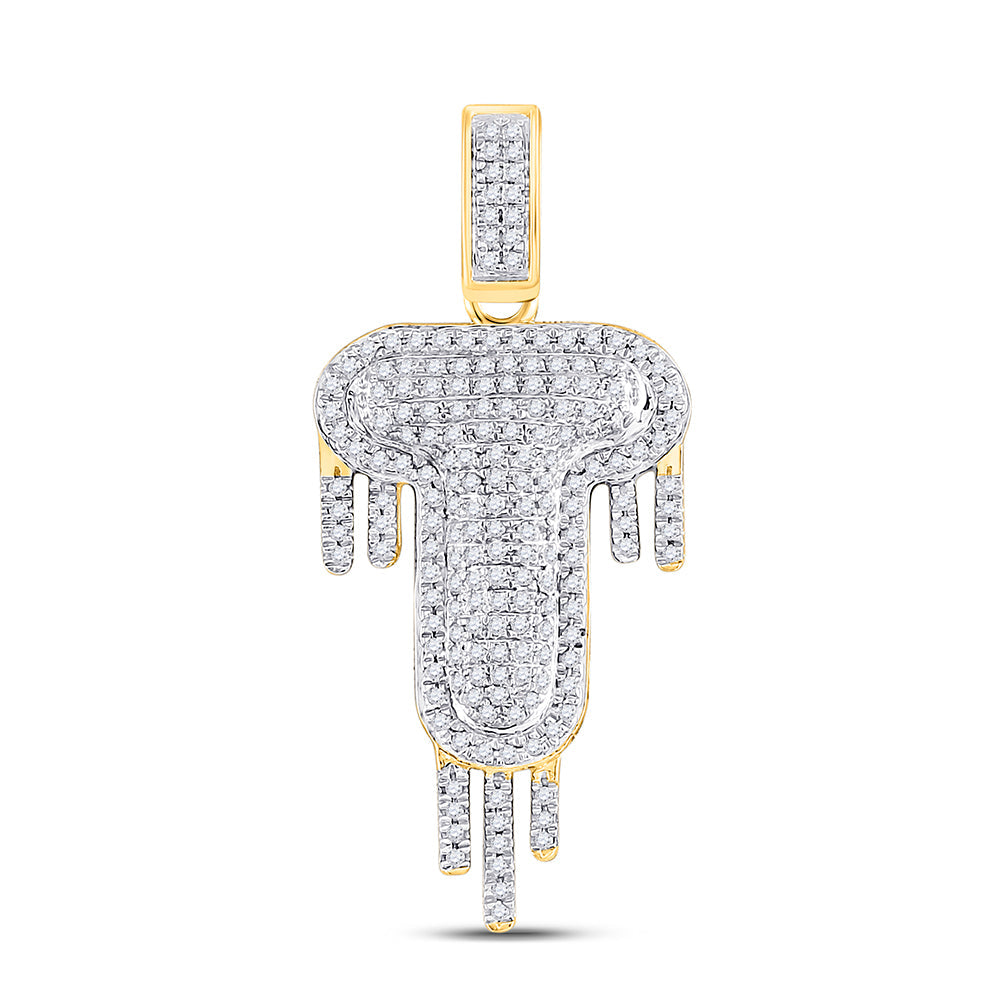 10kt Yellow Gold Mens Round Diamond T Dripping Letter Charm Pendant 1/2 Cttw
