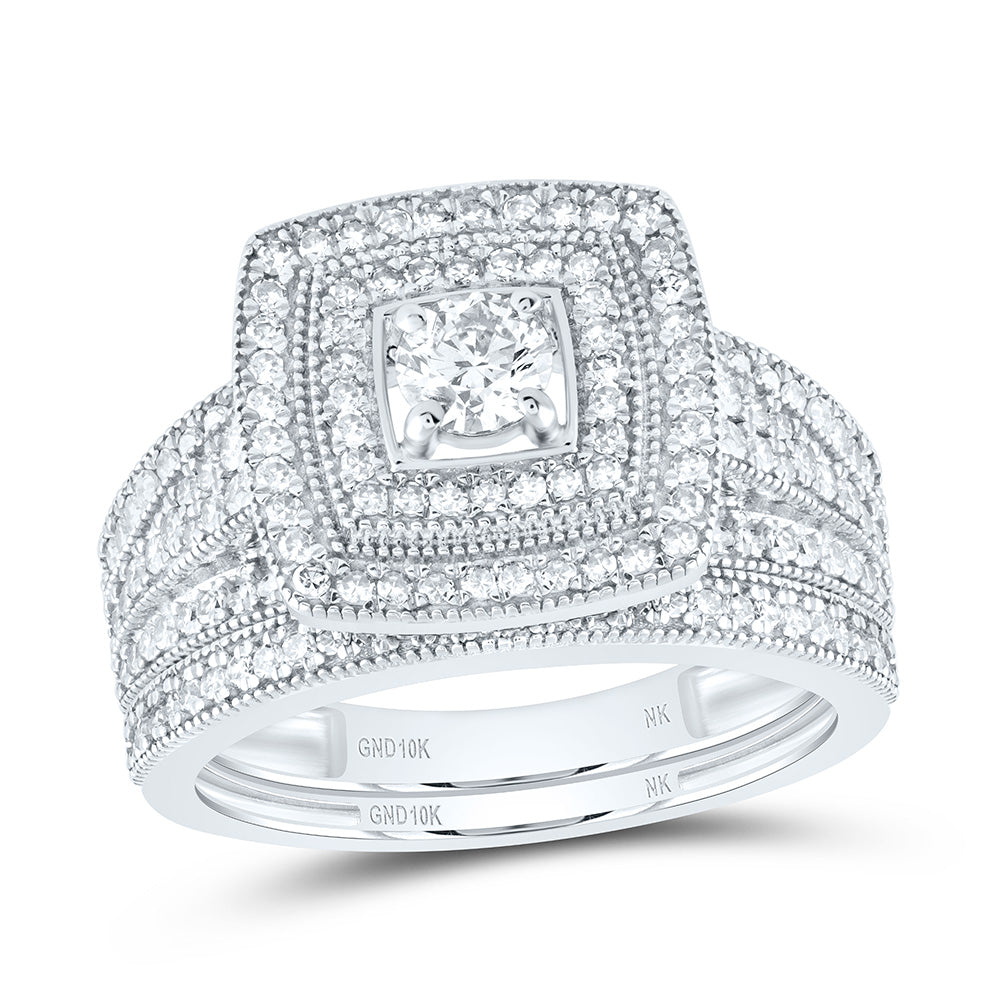 10kt White Gold Round Diamond Halo Bridal Wedding Ring Band Set 1 Cttw