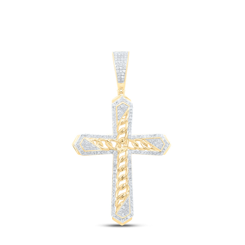 10kt Yellow Gold Mens Round Diamond Cuban Link Cross Charm Pendant 1/2 Cttw