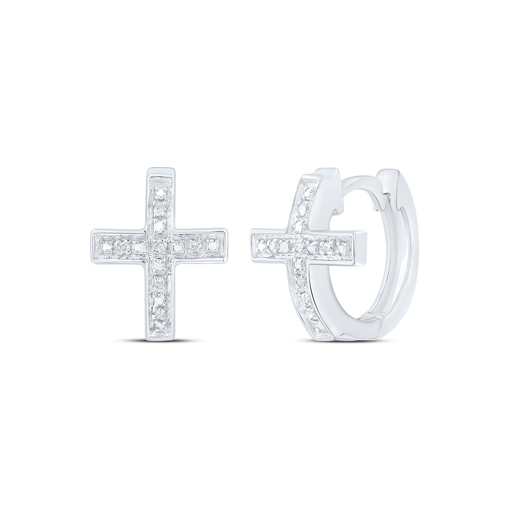 Sterling Silver Womens Round Diamond Cross Earrings 1/20 Cttw