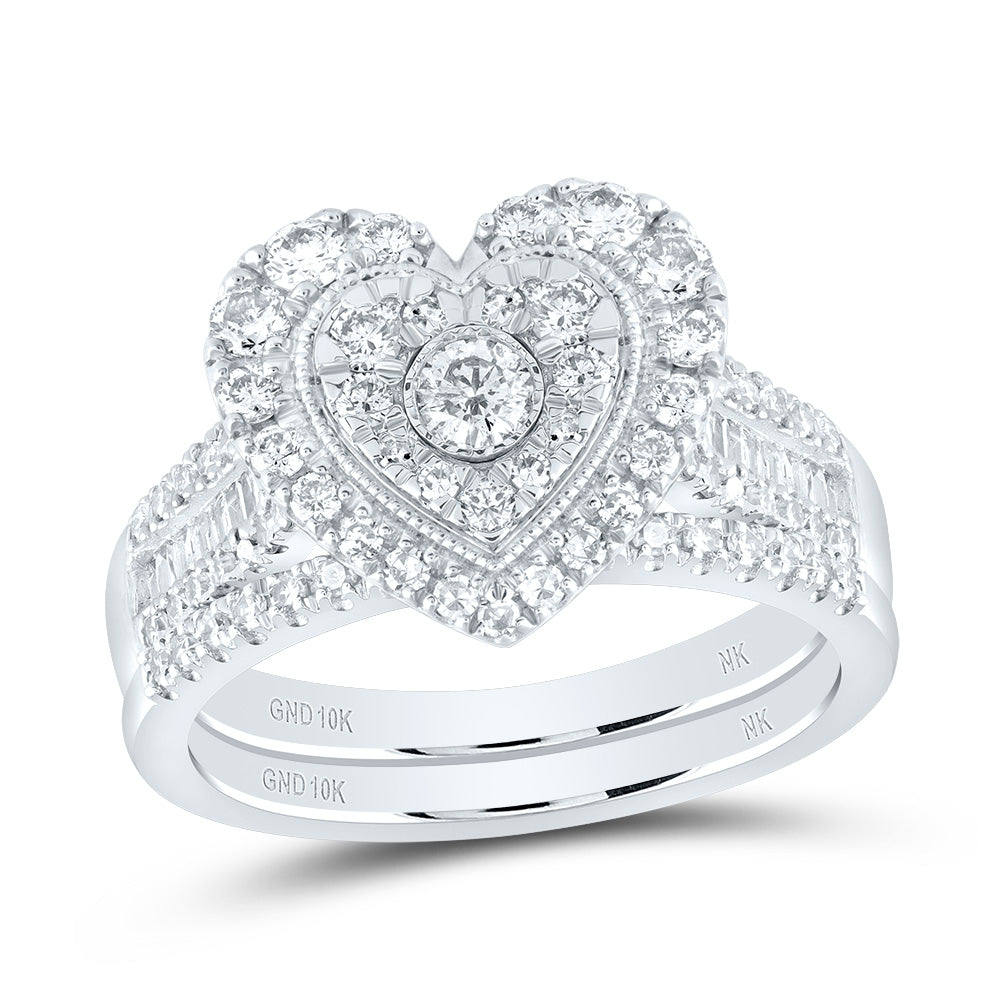 10kt White Gold Round Diamond Heart Bridal Wedding Ring Band Set 7/8 Cttw