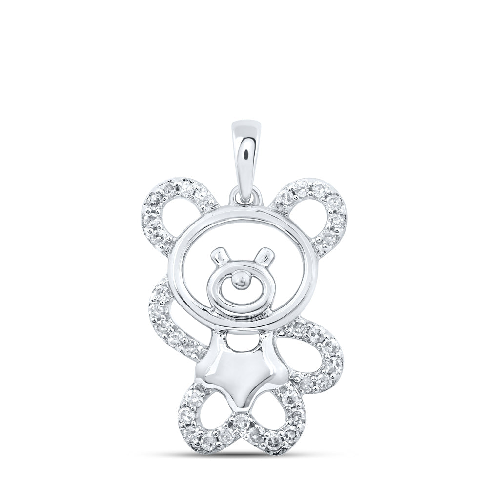 10kt White Gold Womens Round Diamond Teddy Bear Animal Pendant 1/6 Cttw