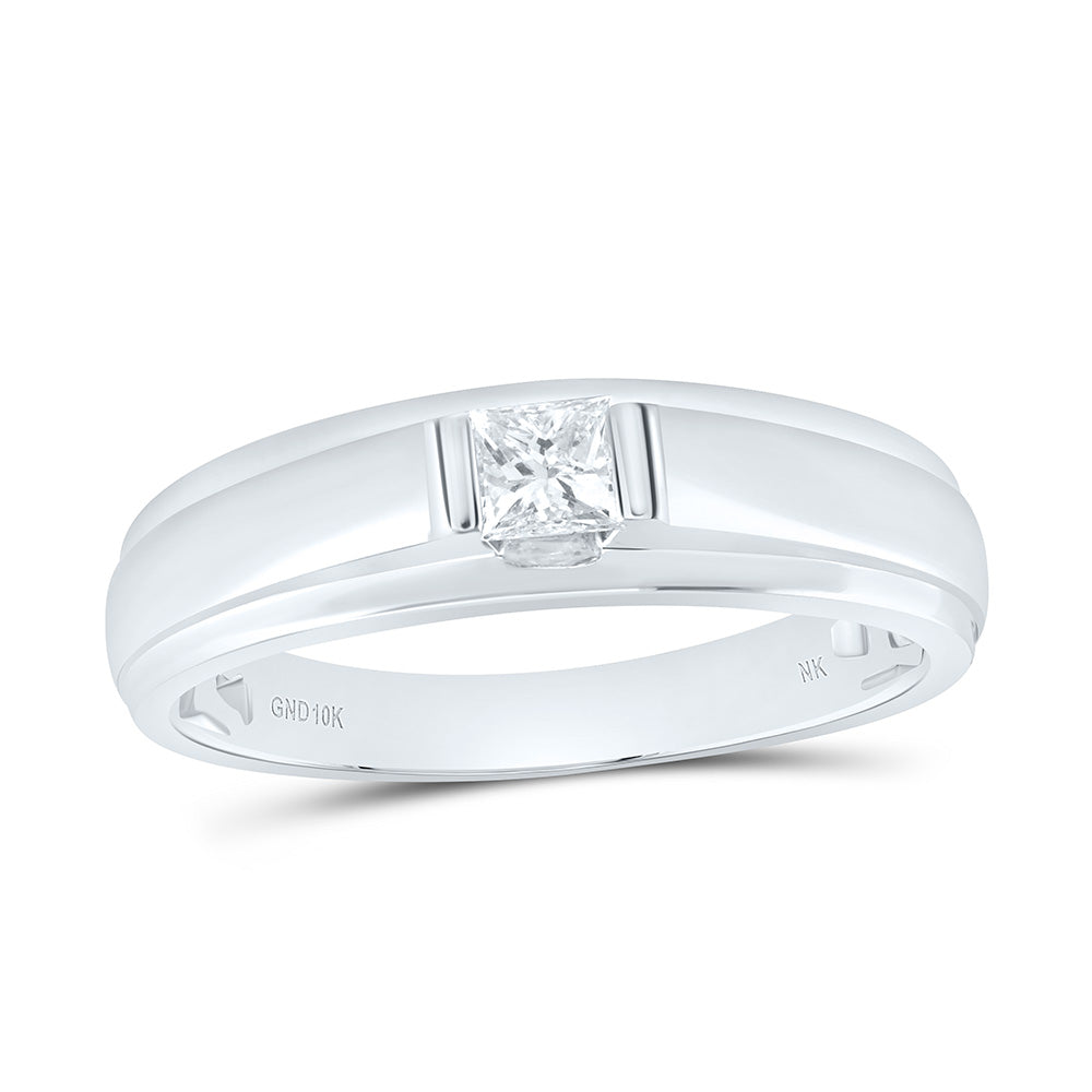 10kt White Gold Mens Princess Diamond Solitaire Band Ring 1/3 Cttw