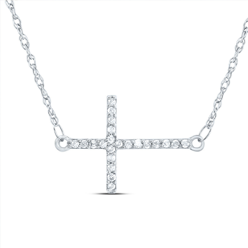 10kt White Gold Womens Round Diamond Horizontal Cross Necklace 1/20 Cttw