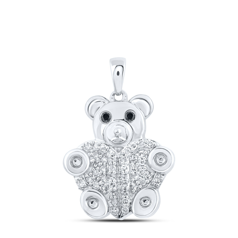 10kt White Gold Womens Round Black Color Treated Diamond Bear Animal Pendant 1/5 Cttw