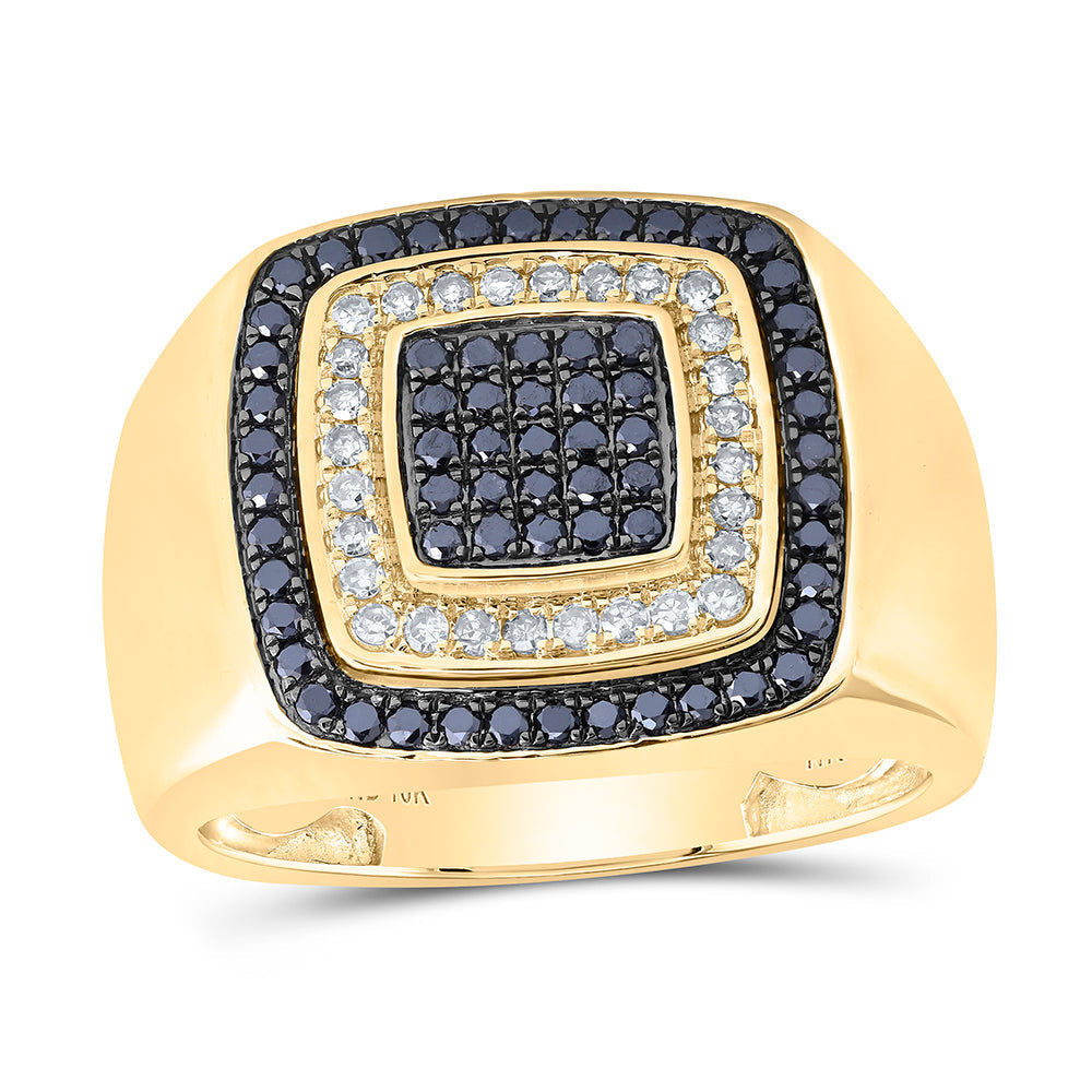 10kt Yellow Gold Mens Round Black Color Treated Diamond Square Ring 3/4 Cttw