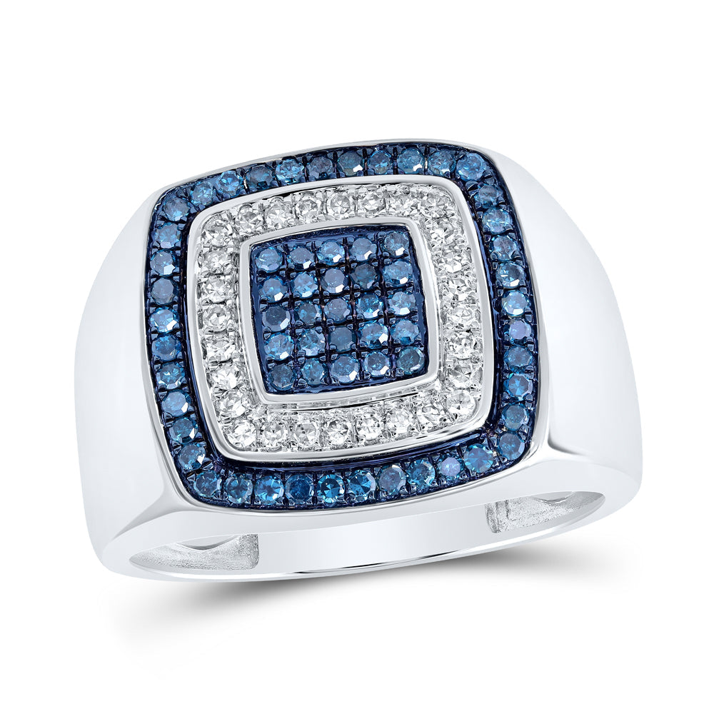 10kt White Gold Mens Round Blue Color Treated Diamond Square Ring 3/4 Cttw