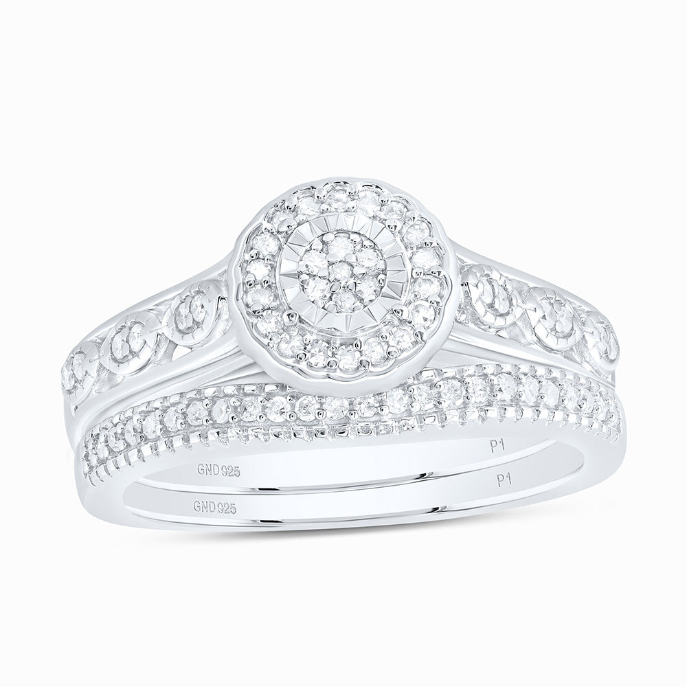 Sterling Silver Round Diamond Cluster Bridal Wedding Ring Band Set 1/4 Cttw