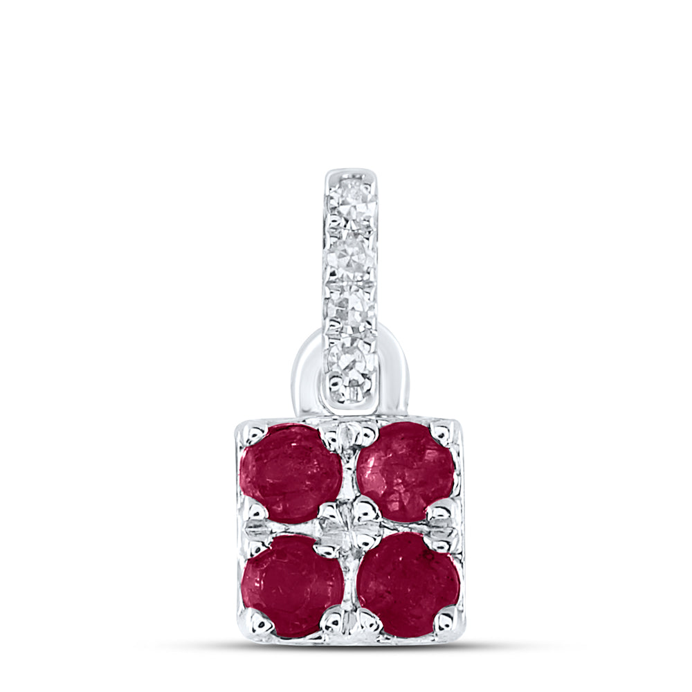 14kt White Gold Womens Round Ruby Diamond Square Pendant 1/8 Cttw