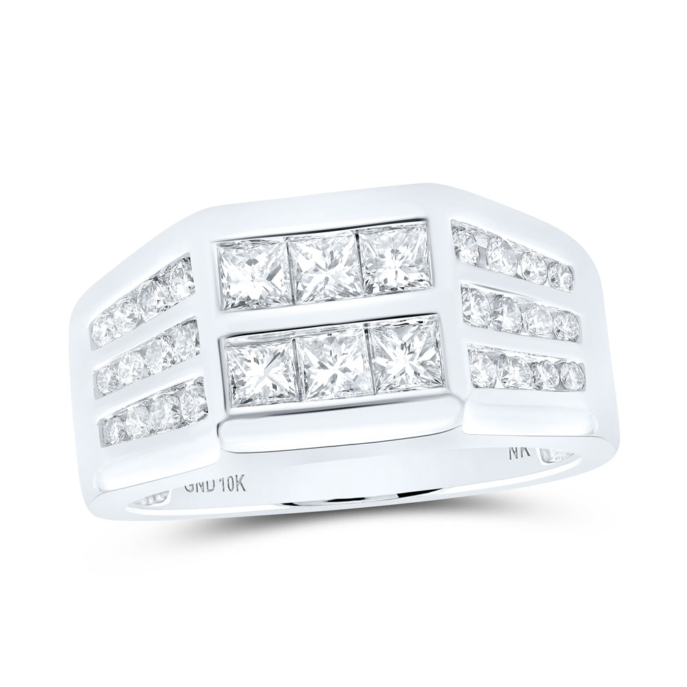 10kt White Gold Mens Princess Diamond Band Ring 1-1/2 Cttw