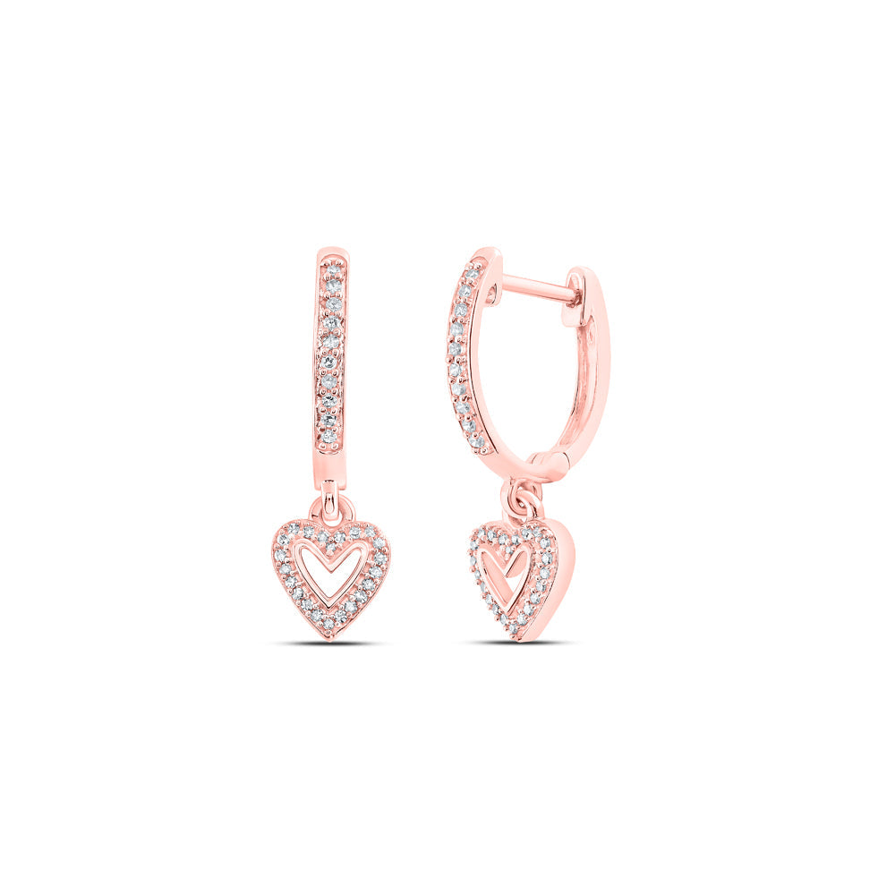 10kt Rose Gold Womens Round Diamond Heart Hoop Dangle Earrings 1/6 Cttw