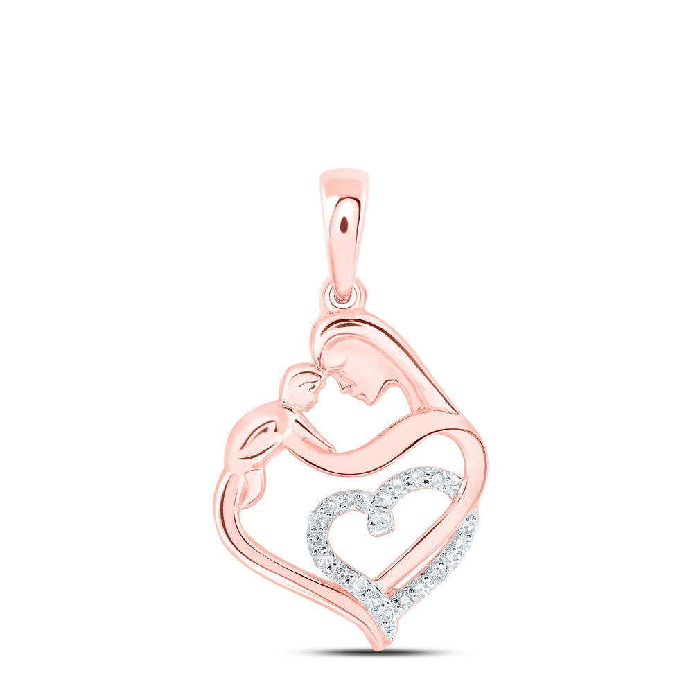 10kt Rose Gold Womens Round Diamond Mom Child Heart Pendant 1/12 Cttw