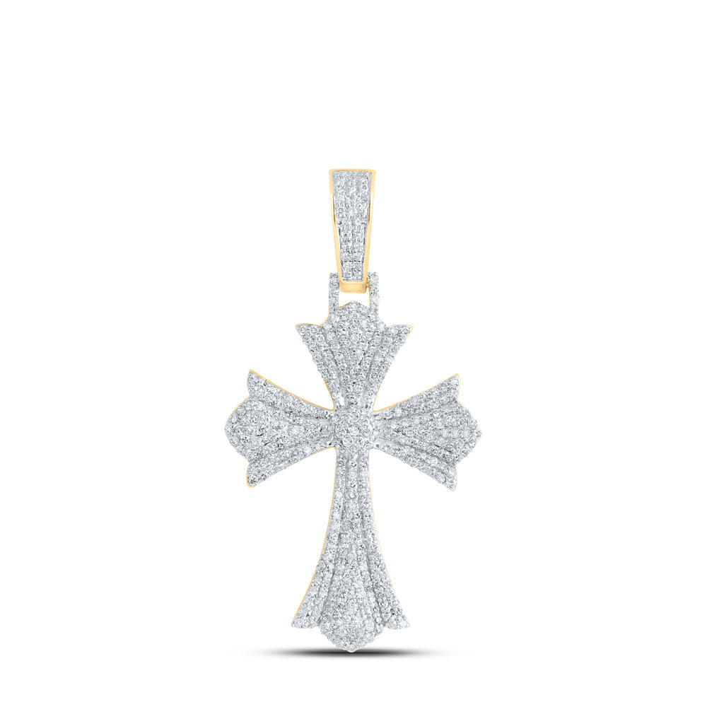 10kt Yellow Gold Mens Round Diamond Cross Charm Pendant 1-1/3 Cttw