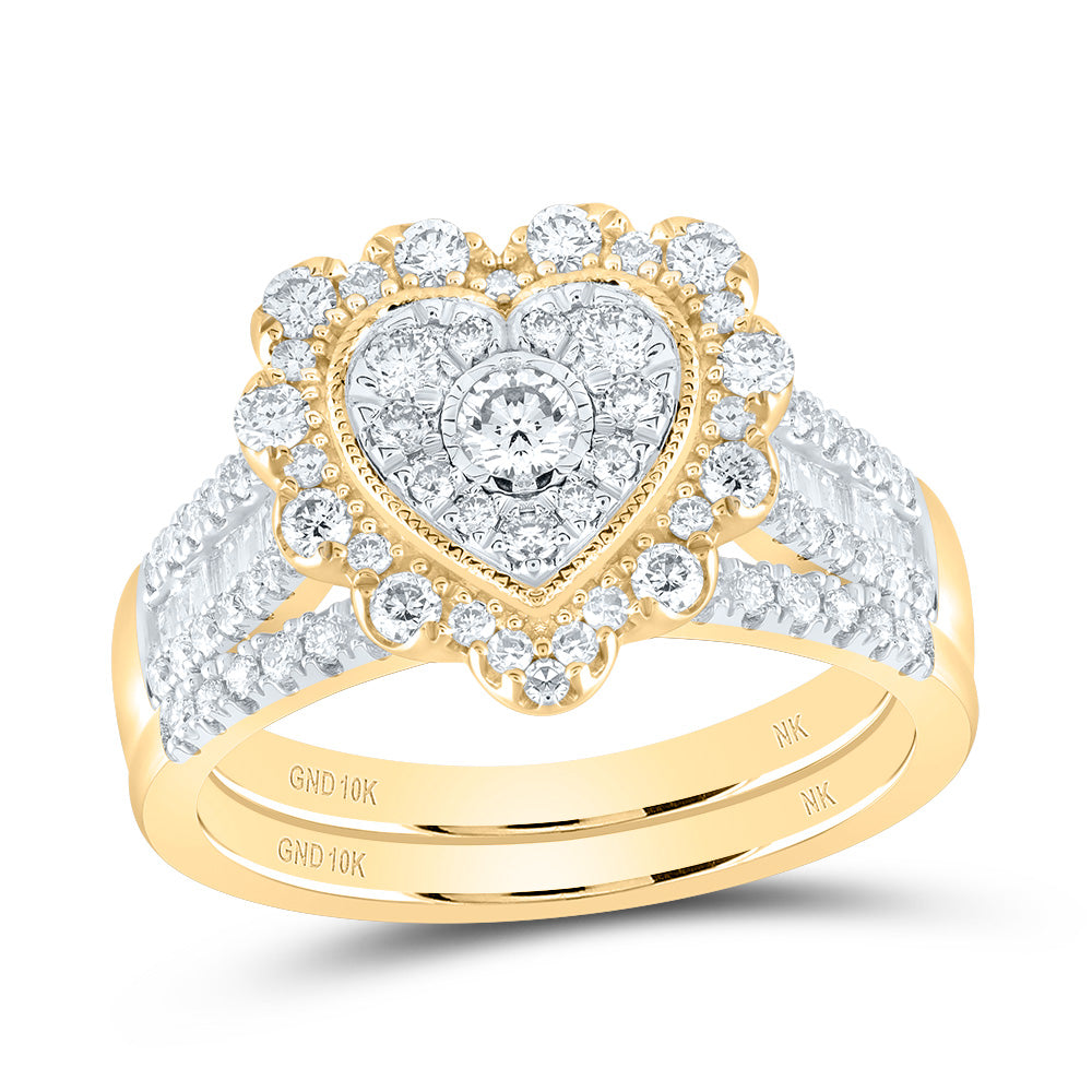 10kt Yellow Gold Round Diamond Heart Bridal Wedding Ring Band Set 7/8 Cttw