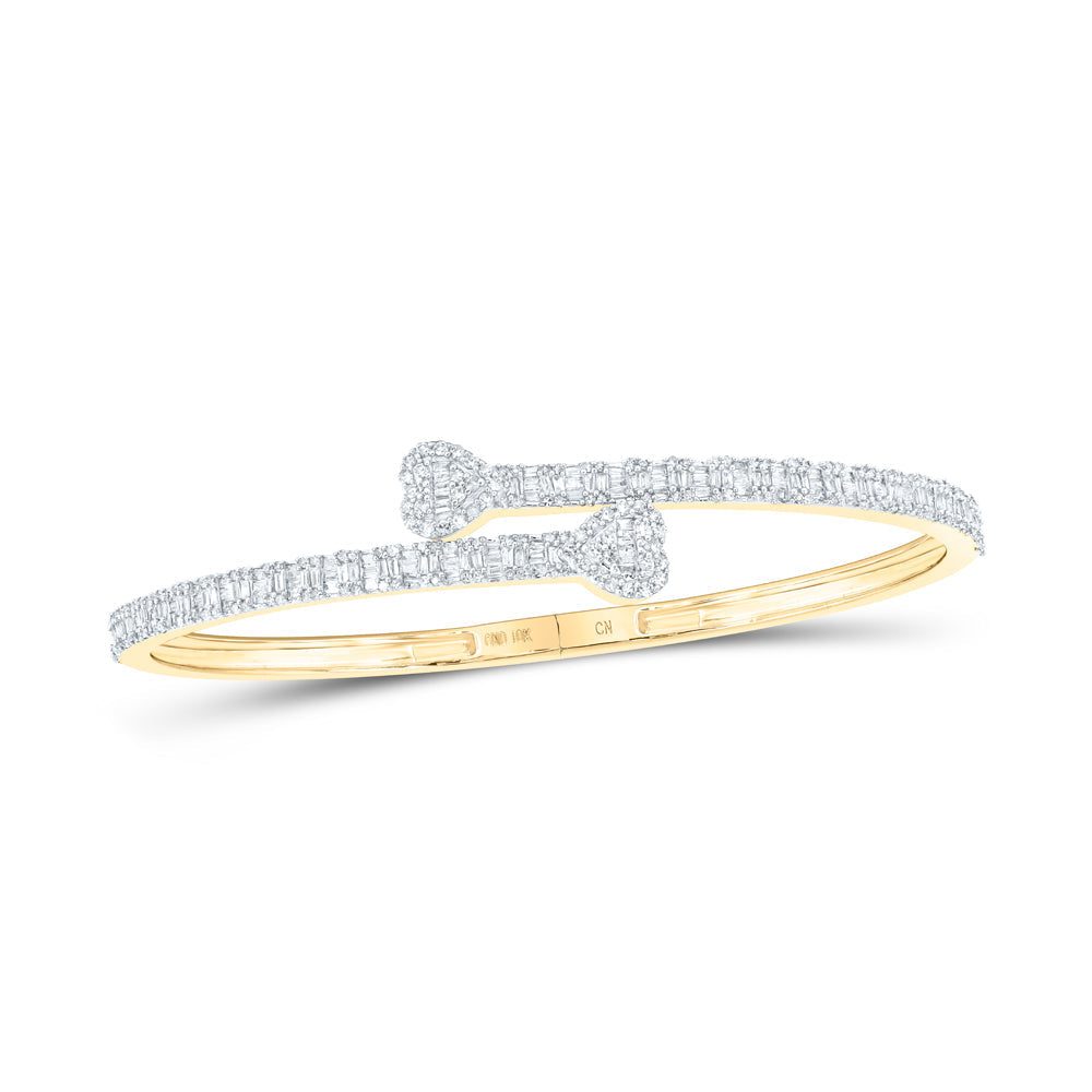 10kt Yellow Gold Womens Baguette Diamond Heart Cuff Bangle Bracelet 1-1/2 Cttw