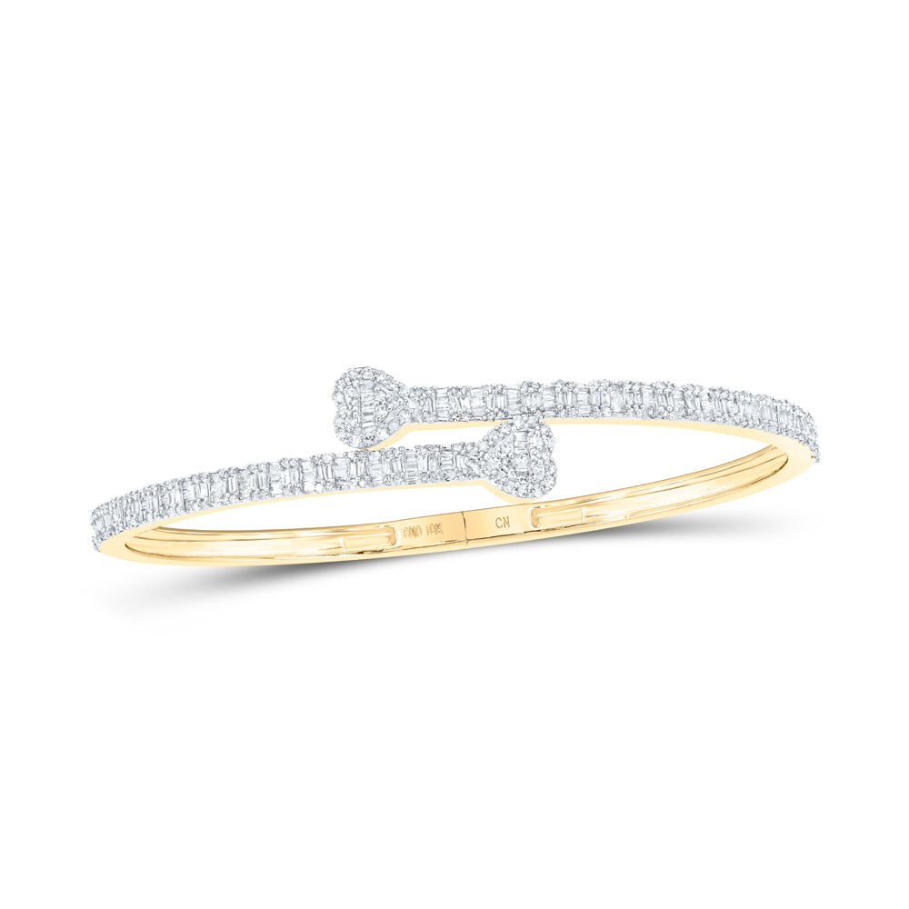 14kt Yellow Gold Womens Baguette Diamond Heart Cuff Bangle Bracelet 1-1/2 Cttw