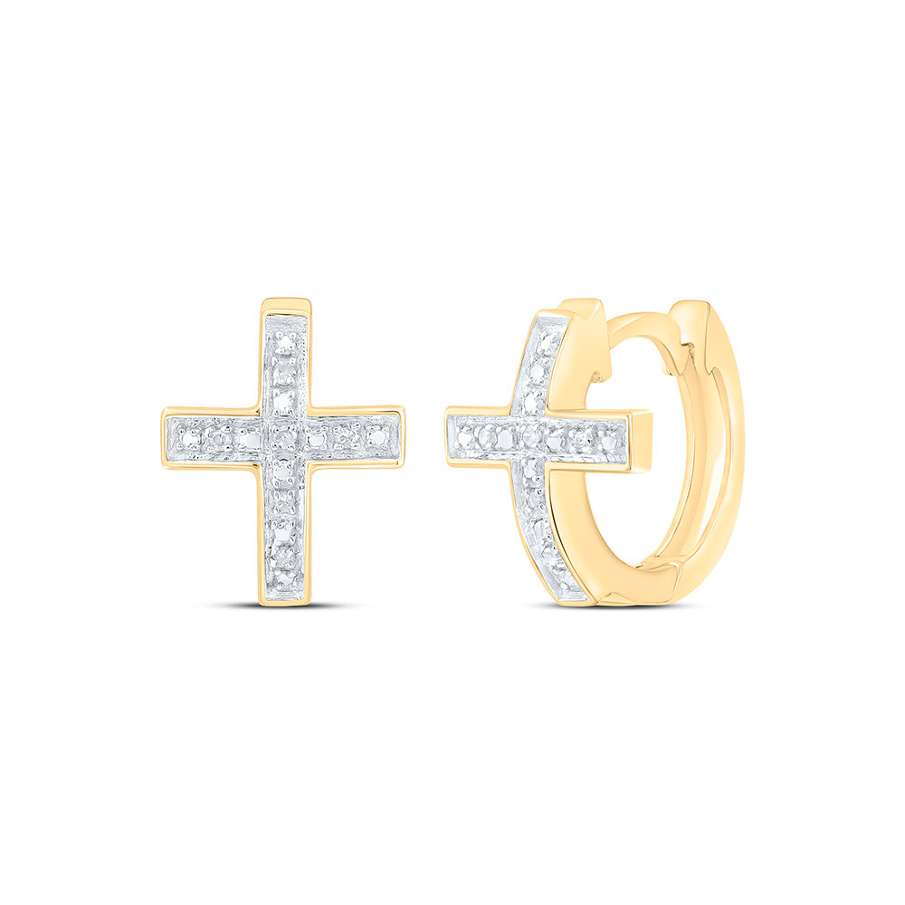 Yellow-tone Sterling Silver Womens Round Diamond Cross Huggie Hoop Earrings 1/20 Cttw