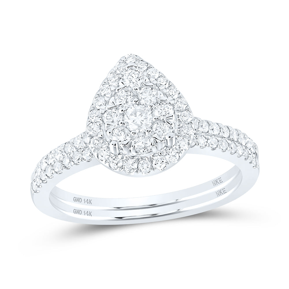 14kt White Gold Round Diamond Slender Teardrop Bridal Wedding Ring Band Set 3/4 Cttw