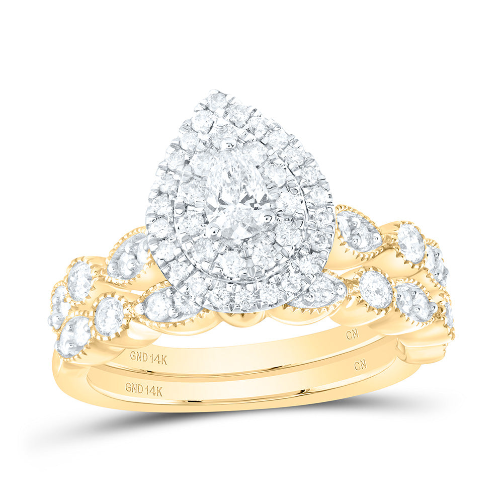 14kt Yellow Gold Pear Diamond Halo Bridal Wedding Ring Band Set 1 Cttw