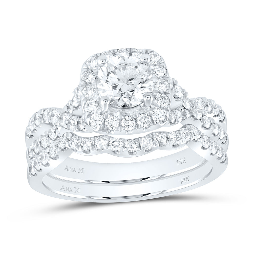 14kt White Gold Round Diamond Halo Bridal Wedding Ring Band Set 1-1/2 Cttw
