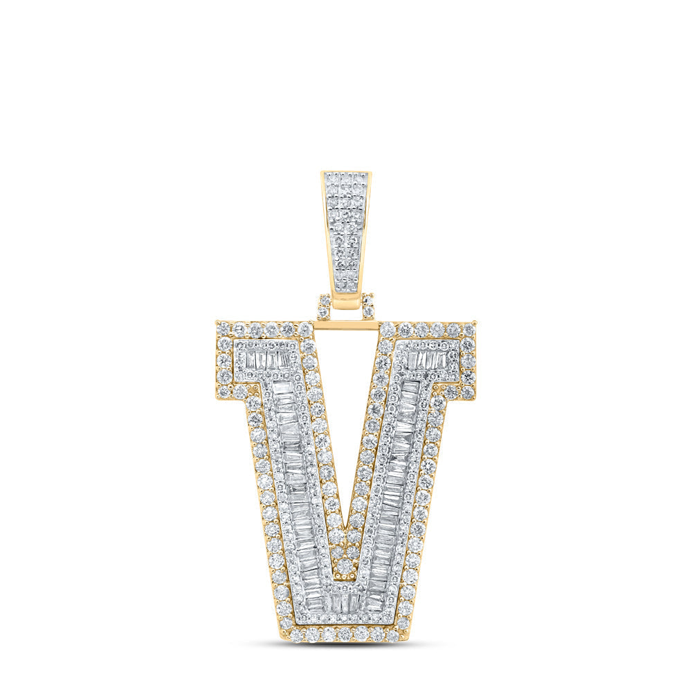 10kt Yellow Gold Mens Baguette Diamond V Initial Letter Charm Pendant 2-3/4 Cttw