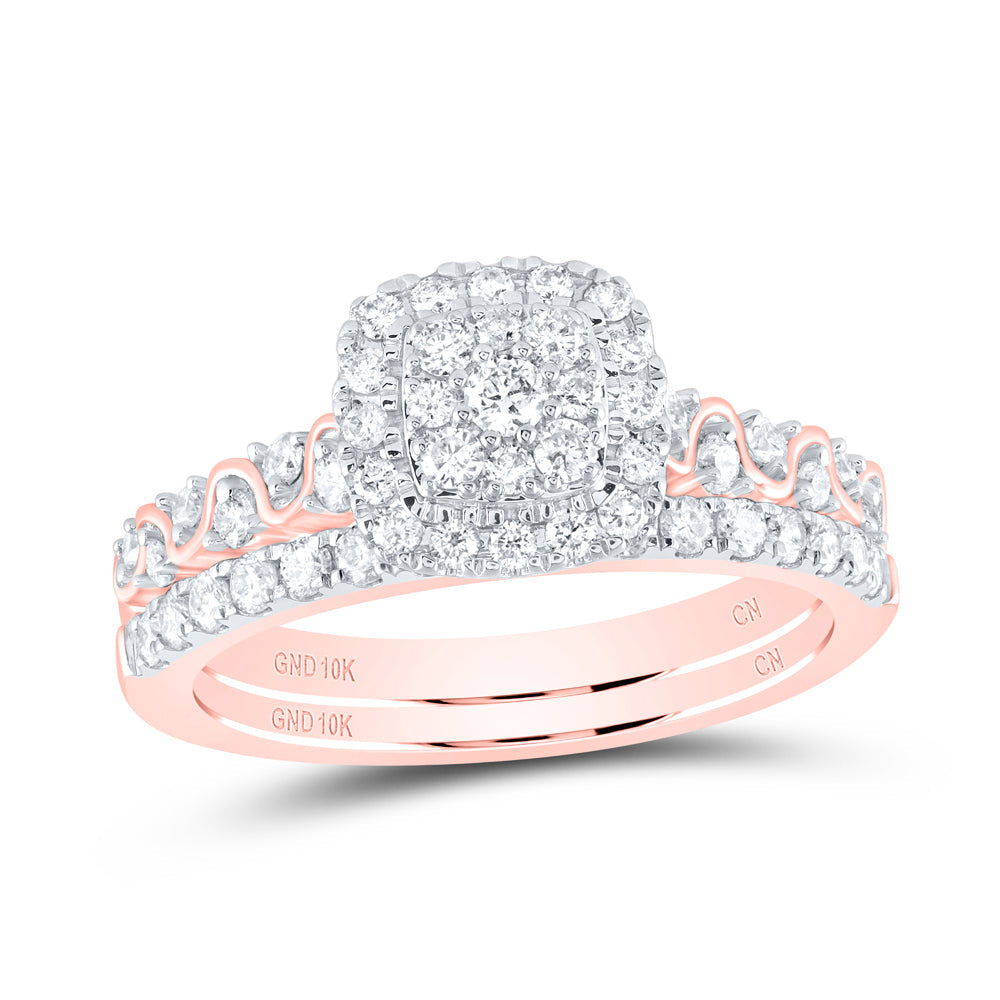 10kt Rose Gold Round Diamond Square Bridal Wedding Ring Band Set 3/4 Cttw