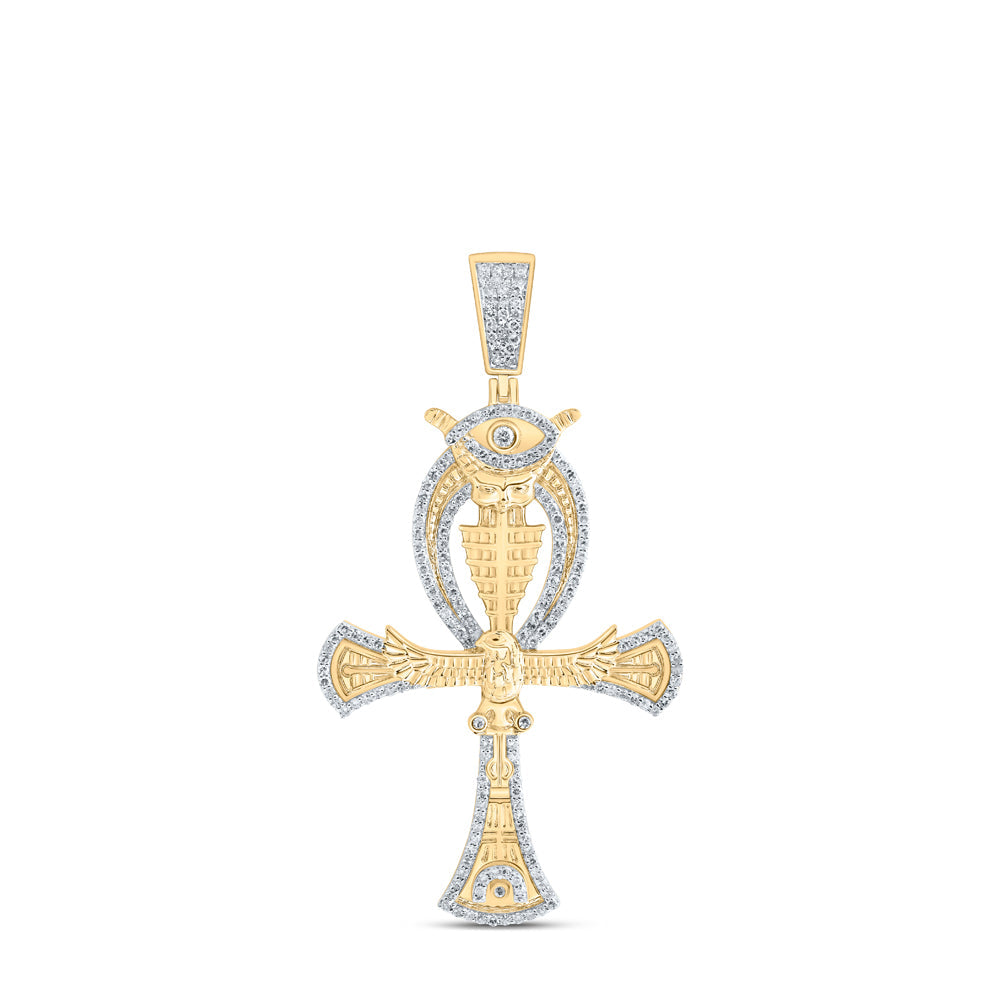 10kt Yellow Gold Mens Round Diamond Ankh Eye Cross Charm Pendant 1-1/5 Cttw