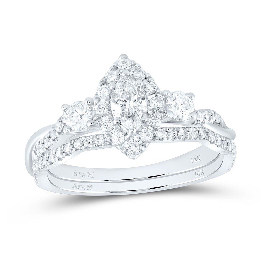 14kt White Gold Marquise Diamond Halo Bridal Wedding Ring Band Set 3/4 Cttw