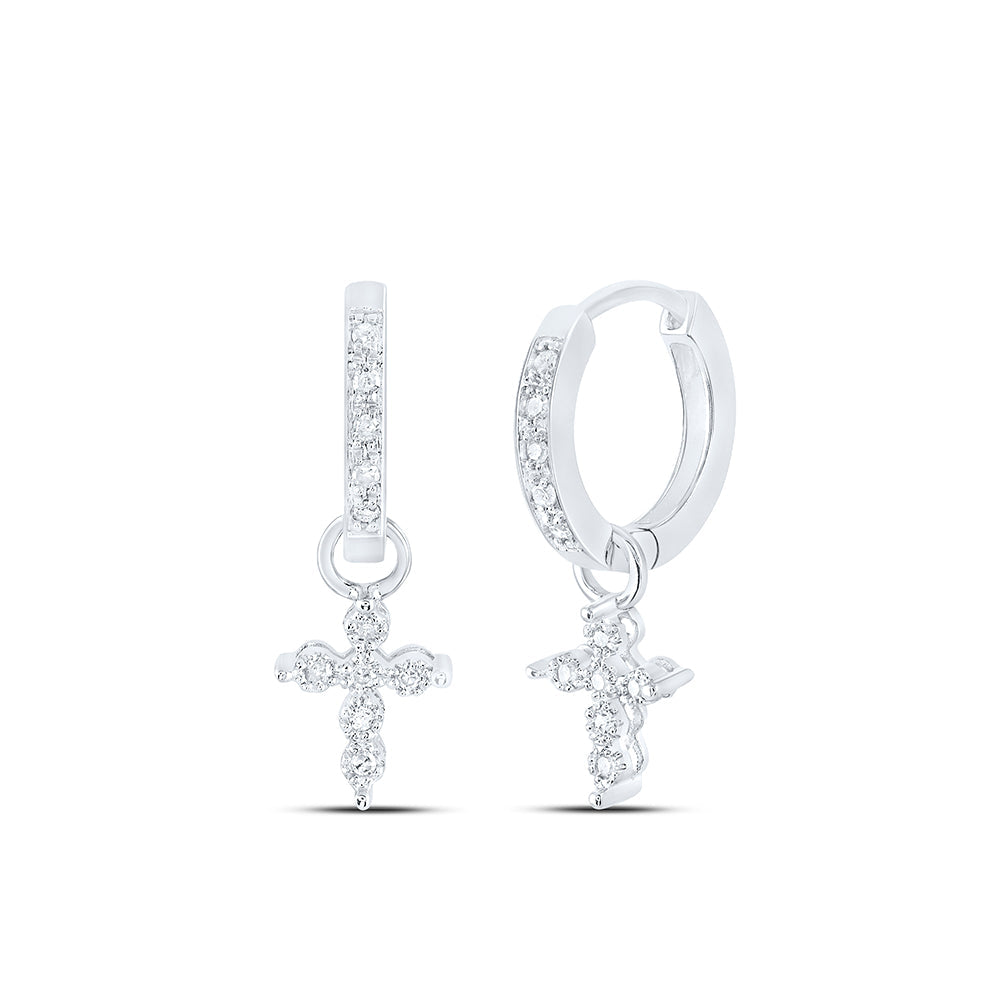 10kt White Gold Womens Round Diamond Cross Hoop Dangle Earrings 1/8 Cttw