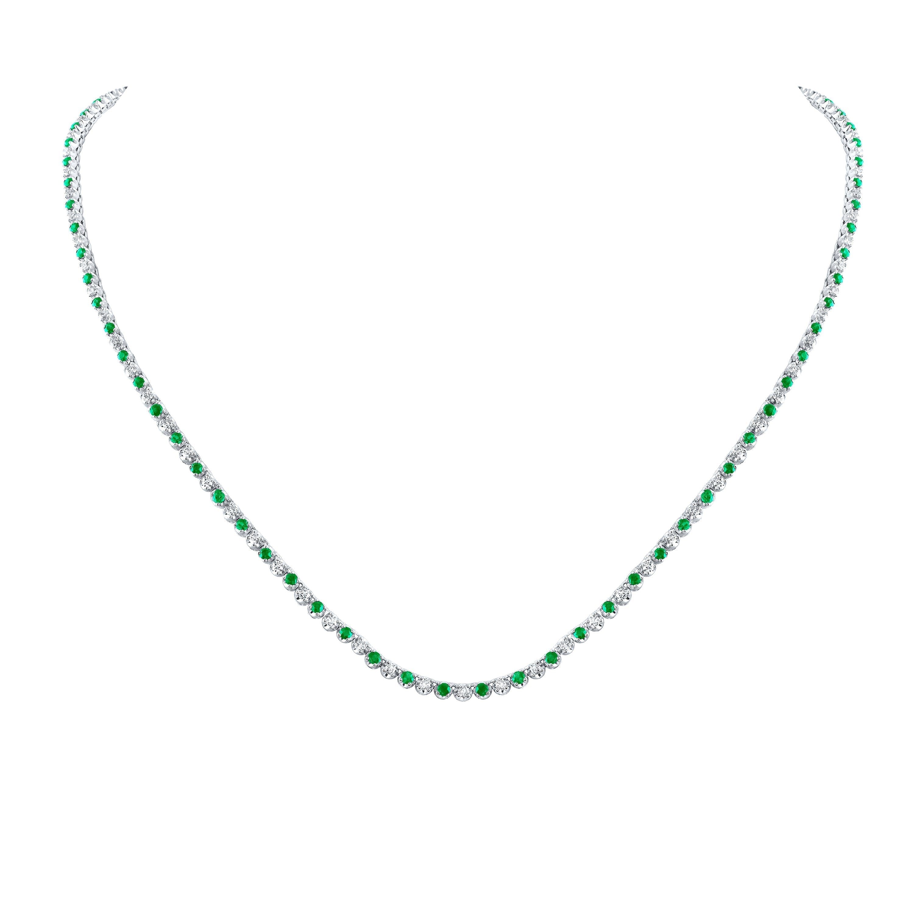 14kt White Gold Womens Round Emerald Diamond Single Row Tennis Necklace 5 Cttw