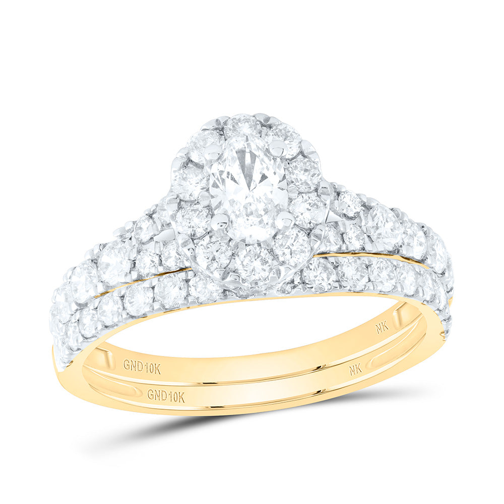 10kt Yellow Gold Oval Diamond Halo Bridal Wedding Ring Band Set 1-1/2 Cttw