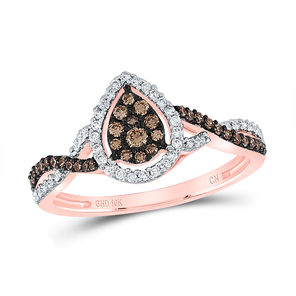 10kt Rose Gold Womens Round Brown Diamond Fashion Pear Cluster Ring 1/3 Cttw