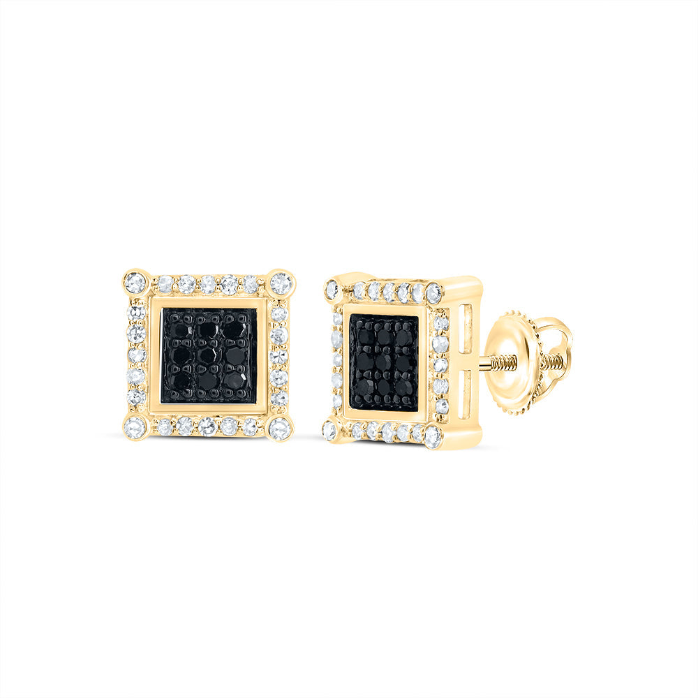 10kt Yellow Gold Round Black Color Enhanced Diamond Square Earrings 1/4 Cttw