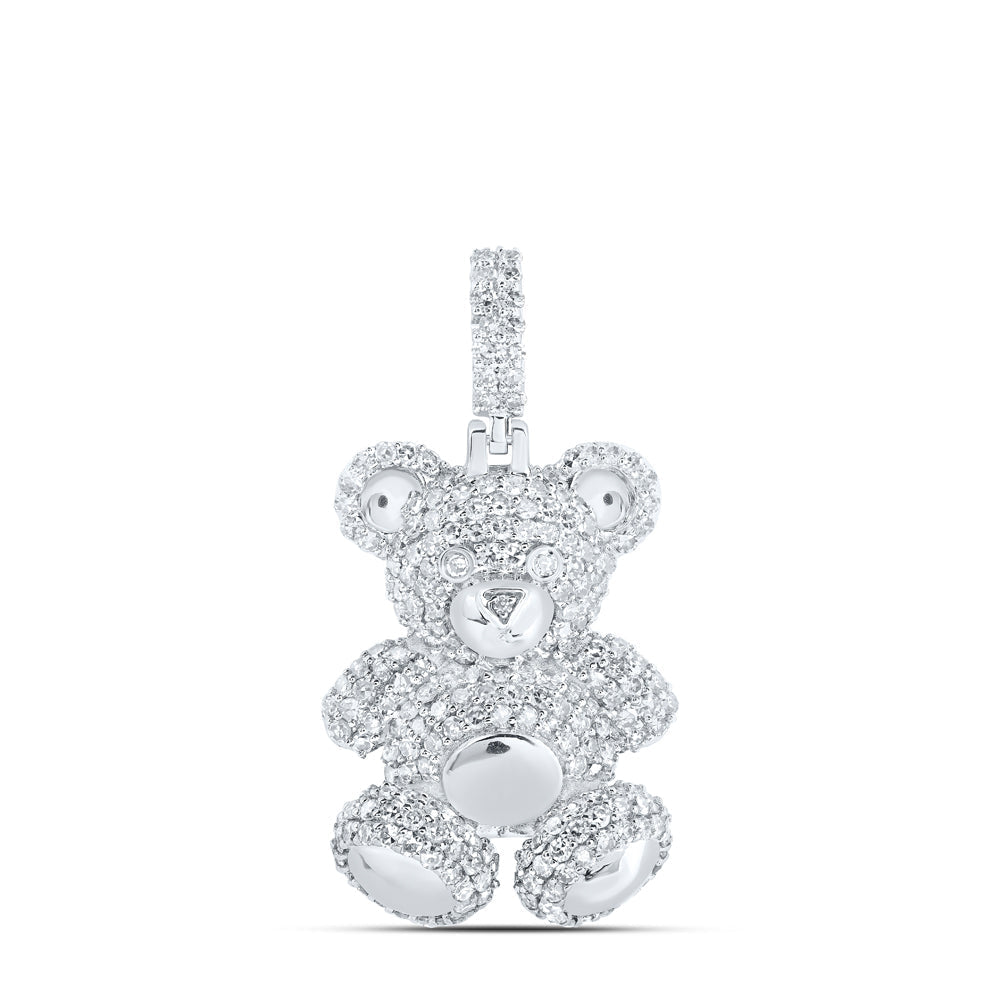 10kt White Gold Mens Round Diamond Teddy Bear Charm Pendant 1-1/3 Cttw