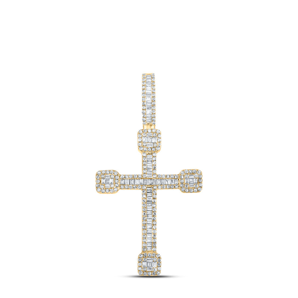 10kt Yellow Gold Mens Baguette Diamond Cross Charm Pendant 7/8 Cttw