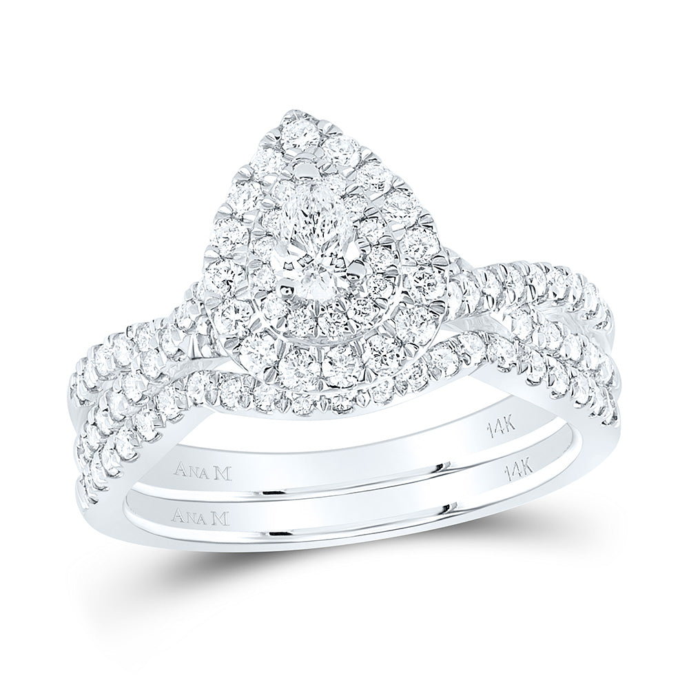 14kt White Gold Pear Diamond Halo Bridal Wedding Ring Band Set 1 Cttw