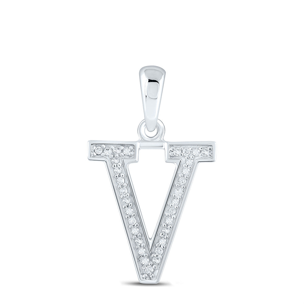 10kt White Gold Womens Round Diamond Initial V Letter Pendant 1/20 Cttw