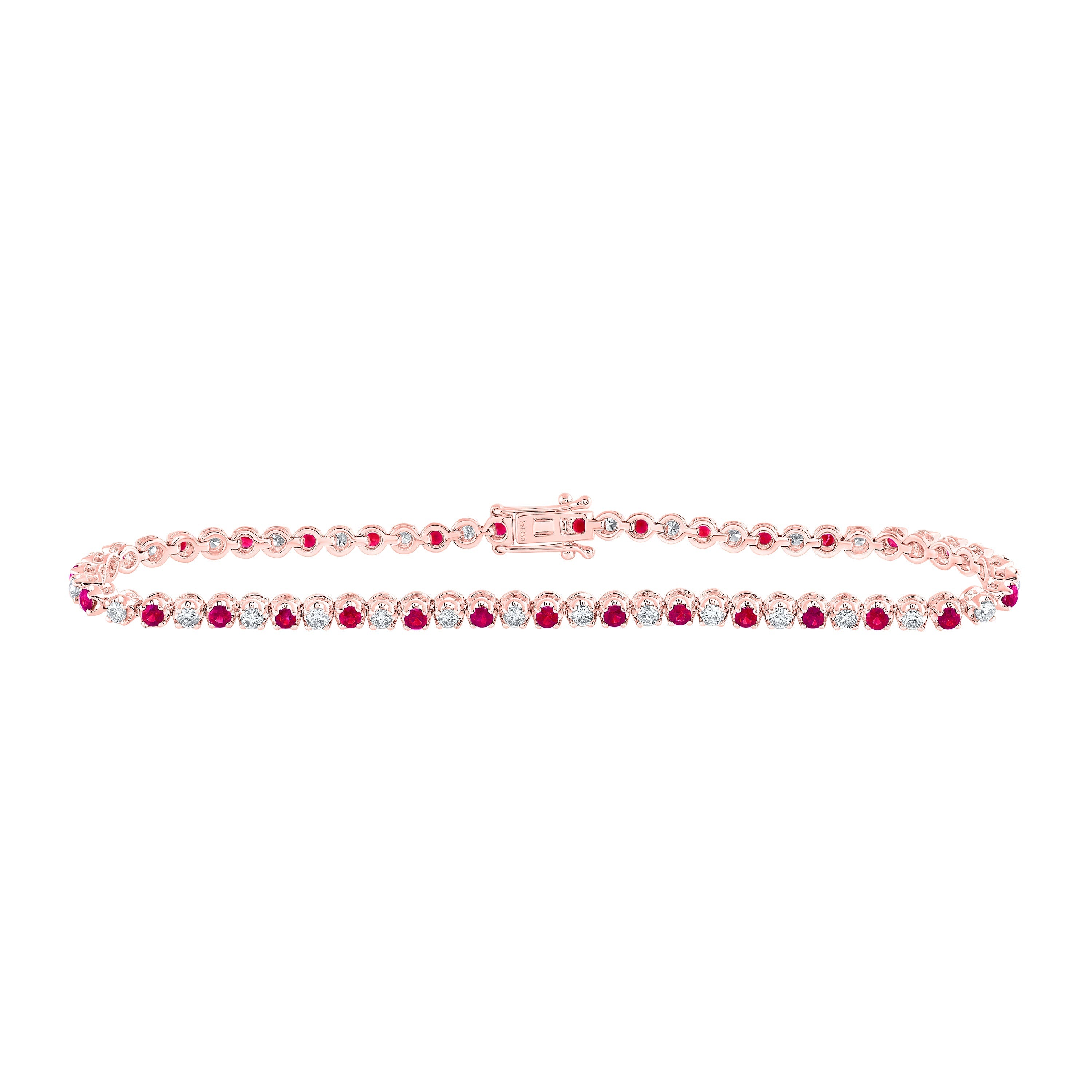 14kt Rose Gold Womens Round Ruby Diamond Single Row Tennis Bracelet 2-1/4 Cttw