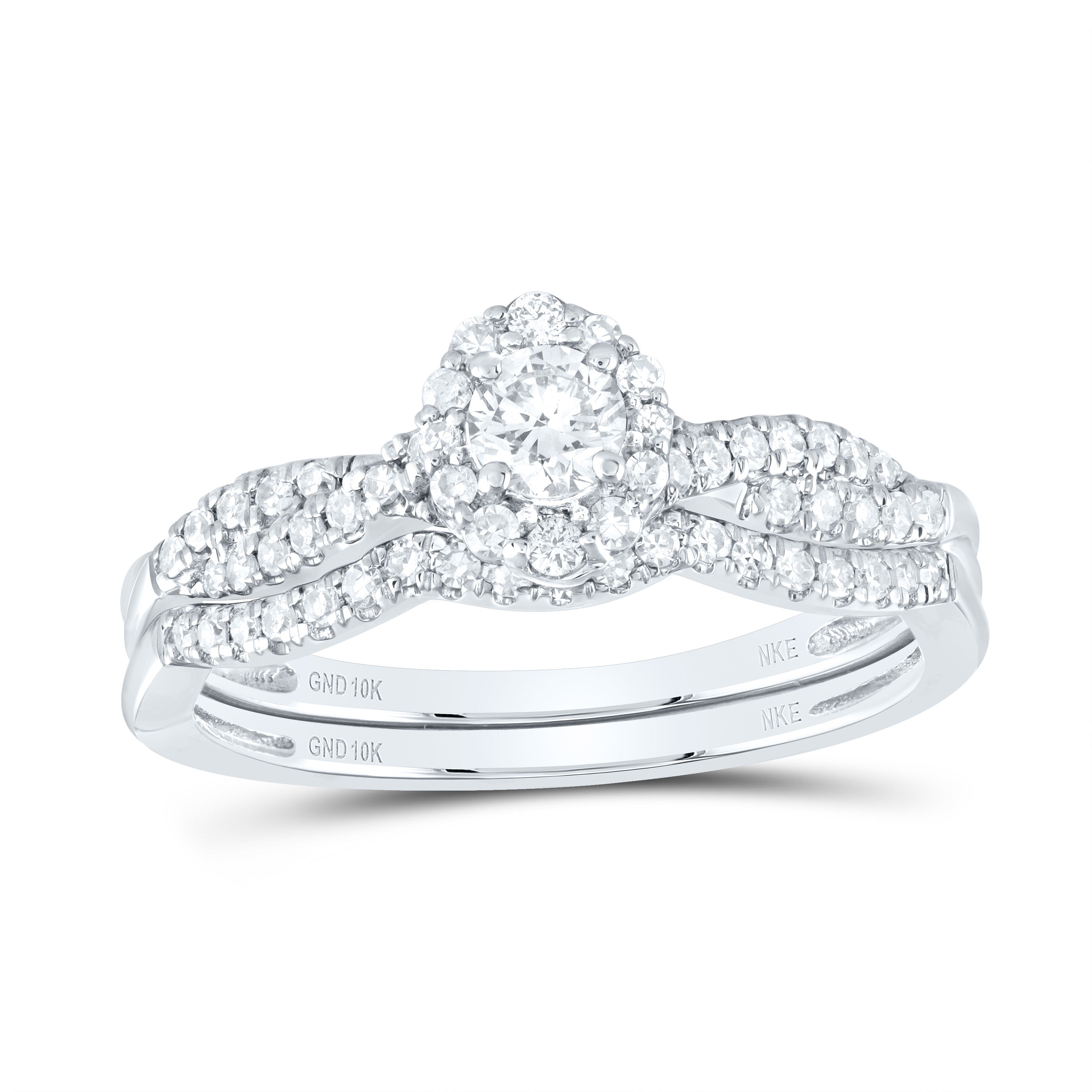 10kt White Gold Round Diamond Halo Bridal Wedding Ring Band Set 1/2 Cttw