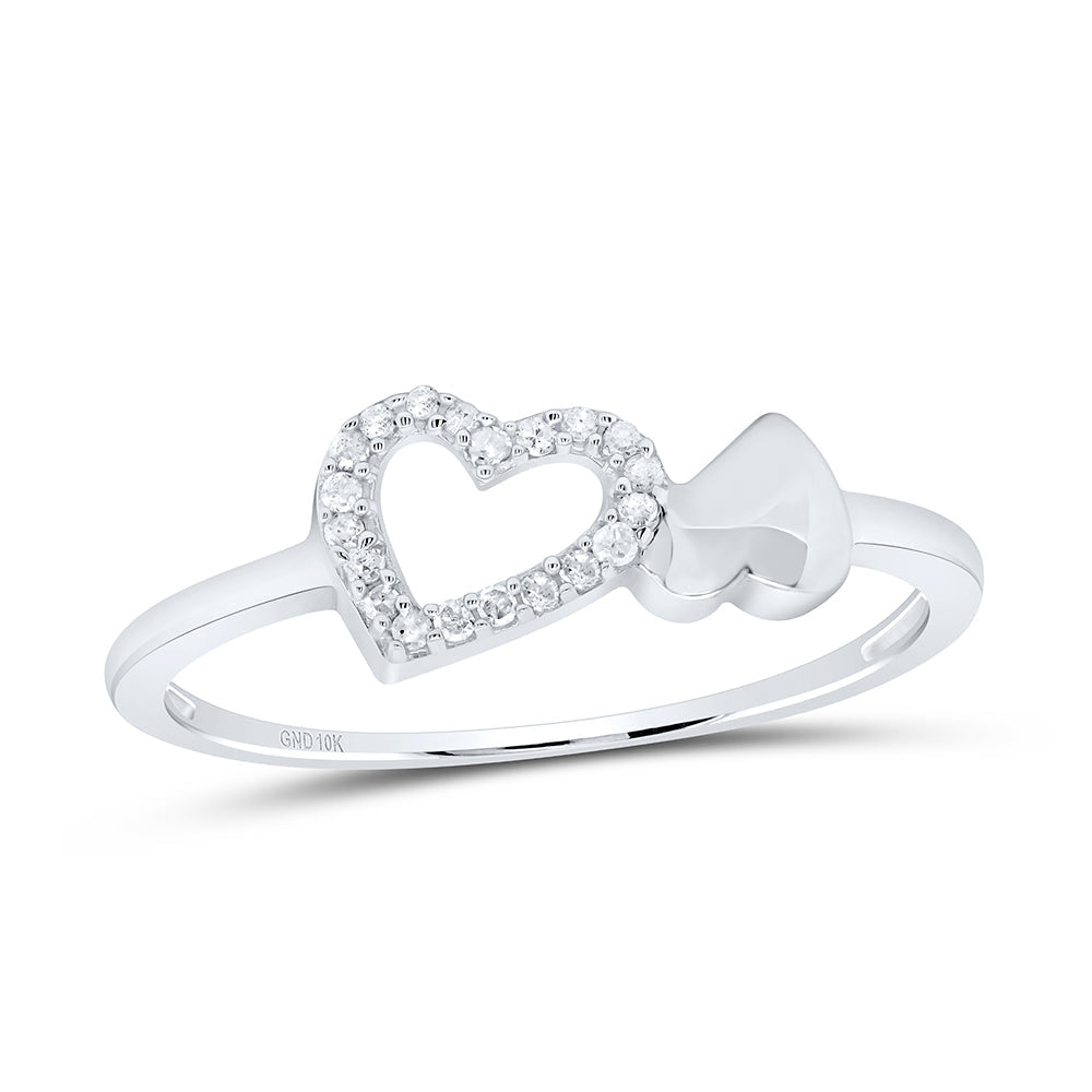 10kt White Gold Womens Round Diamond Slender Double Heart Ring 1/20 Cttw